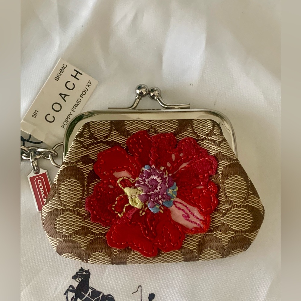 RARE Coach Poppy Signature Coin Purse with Red Floral Accent “LIMITED EDITION”